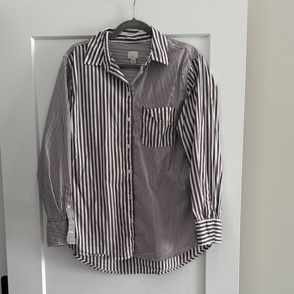 a new day women’s Casual Striped Button-Down Shirt - gray and White​